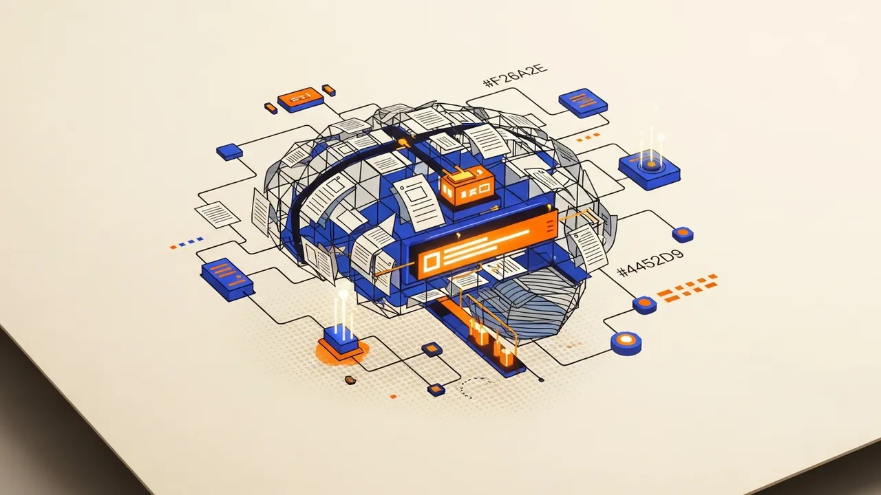Abstract editorial illustration of an enterprise knowledge network forming a structured brain from interconnected data nodes